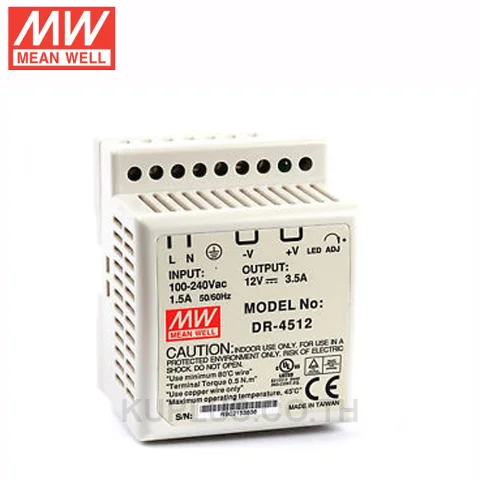 Mean Well DR-45-12, AC-DC Industrial DIN rail power supply; Output 12Vdc at 3.5A; plastic case