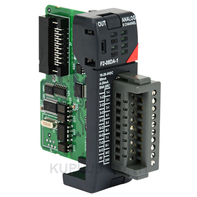 Analog Out 8 Ch, 4-20mA res. 12 bit DirectLOGIC DL205 analog input module, 8-channel, current, 12-bit, input current signal range(s) of 4-20 mA, external 24 VDC required.