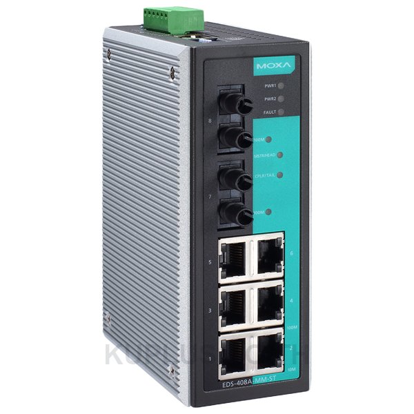 Moxa Entry-level managed Ethernet switch w/(6)10/100BTX ports, and 2 100BFX multi-mode ports, ST connectors, IECEx certified (extended temperature model)