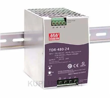 Mean Well TDR-480-24, Three Phase Industrial DIN Rail Power Supply, 92.5%, 24V, 20A, 480W, Adjustable
