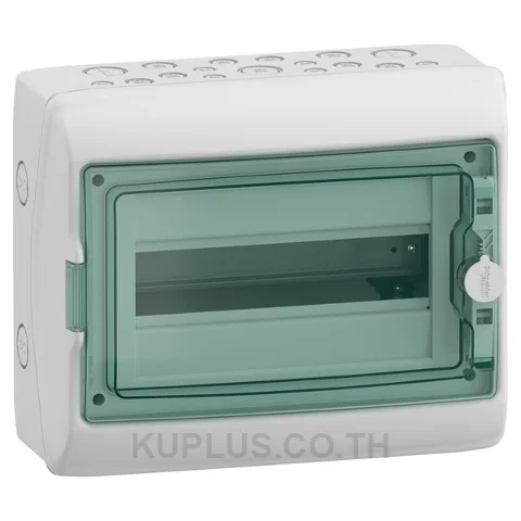 13431, ตู้กันน้ำ Schneider Electric Kaedra IP65 12 ช่อง 1 แถว สำหรับติดตั้งเบรกเกอร์ ฝาใสสีเขียว สีตู้เทาอ่อน (RAL 7035)