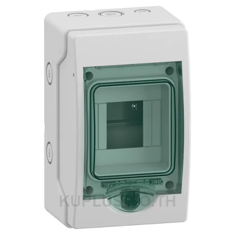13441, ตู้กันน้ำ Schneider Electric Mini Kaedra IP65 4 ช่อง 1 แถว สำหรับติดตั้งเบรกเกอร์ ฝาใสสีเขียว สีตู้เทาอ่อน (RAL 7035)