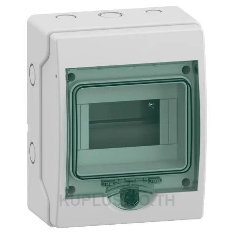 13442, ตู้กันน้ำ Schneider Electric Mini Kaedra IP65 6 ช่อง 1 แถว สำหรับติดตั้งเบรกเกอร์ ฝาใสสีเขียว สีตู้เทาอ่อน (RAL 7035)