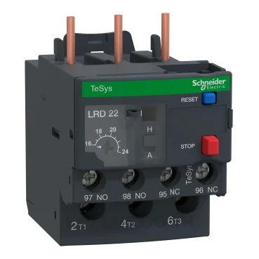 โอเวอร์โหลดรีเลย์ความร้อน (Thermal Overload Relay) Schneider TeSys D LRD22L ช่วงปรับกระแส 16-24A คลาส 20 หน้าสัมผัสช่วย 1NO+1NC ขั้วต่อแบบสกรู (Screw clamp)