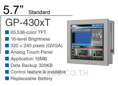 5.7-inch TFT, 65,536 colors, QVGA 320 x 240 pixels, Analog Touch Panel, Ethernet I/F, COM x 2, USB A/mini-B I/F x 1 each, Secondary Back-up Battery, DC24V, Coated Model