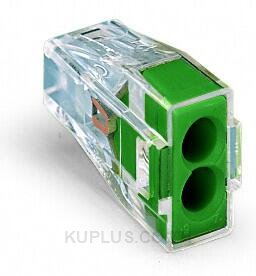 PUSH WIRE® connector for junction boxes; for solid and stranded conductors; max. 2.5 mm²; 2-conductor; transparent housing; green cover; Surrounding air temperature: max 60°C; 2,50 mm²; multicoloured